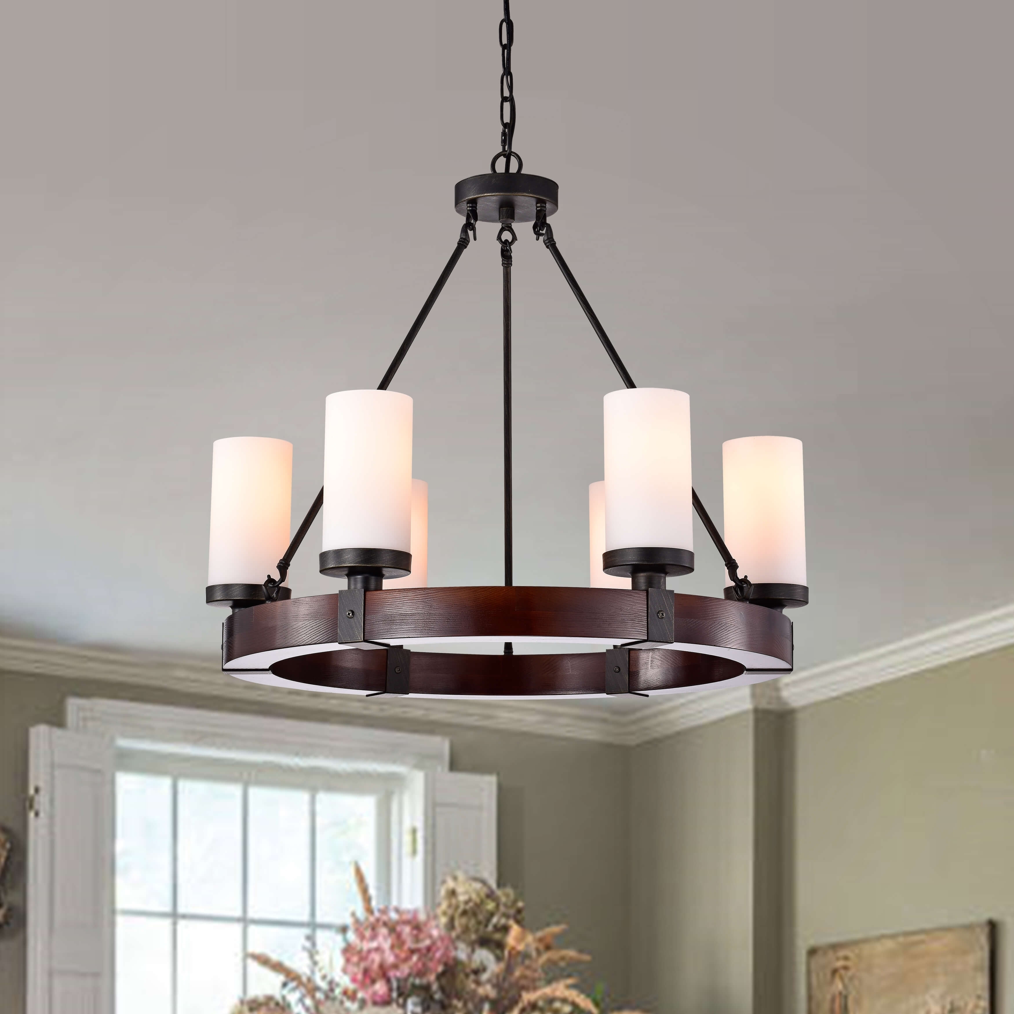 Daniela Antique Black 6-light Round Wood Chandelier with Frosted Glass (Pine) - Chandeliers For Bedrooms by Overstock.com