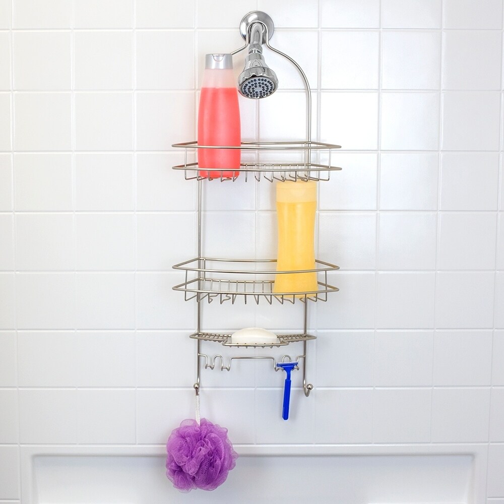 Minimal Anti Slip 3 Shelf Shower Caddy With Bath And Shower Accessory Hooks Satin Nickel Overstock