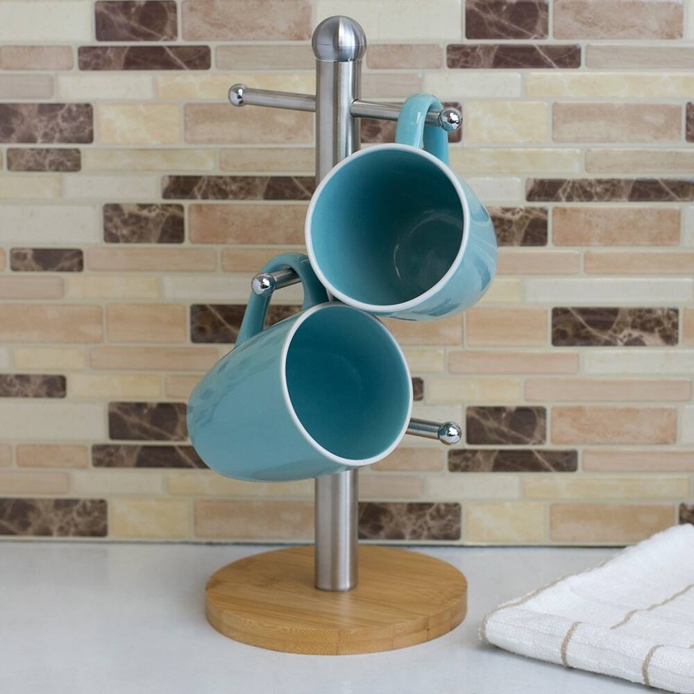 6 Cup Steel Mug Tree Holder Stand with Bamboo Base, Natural