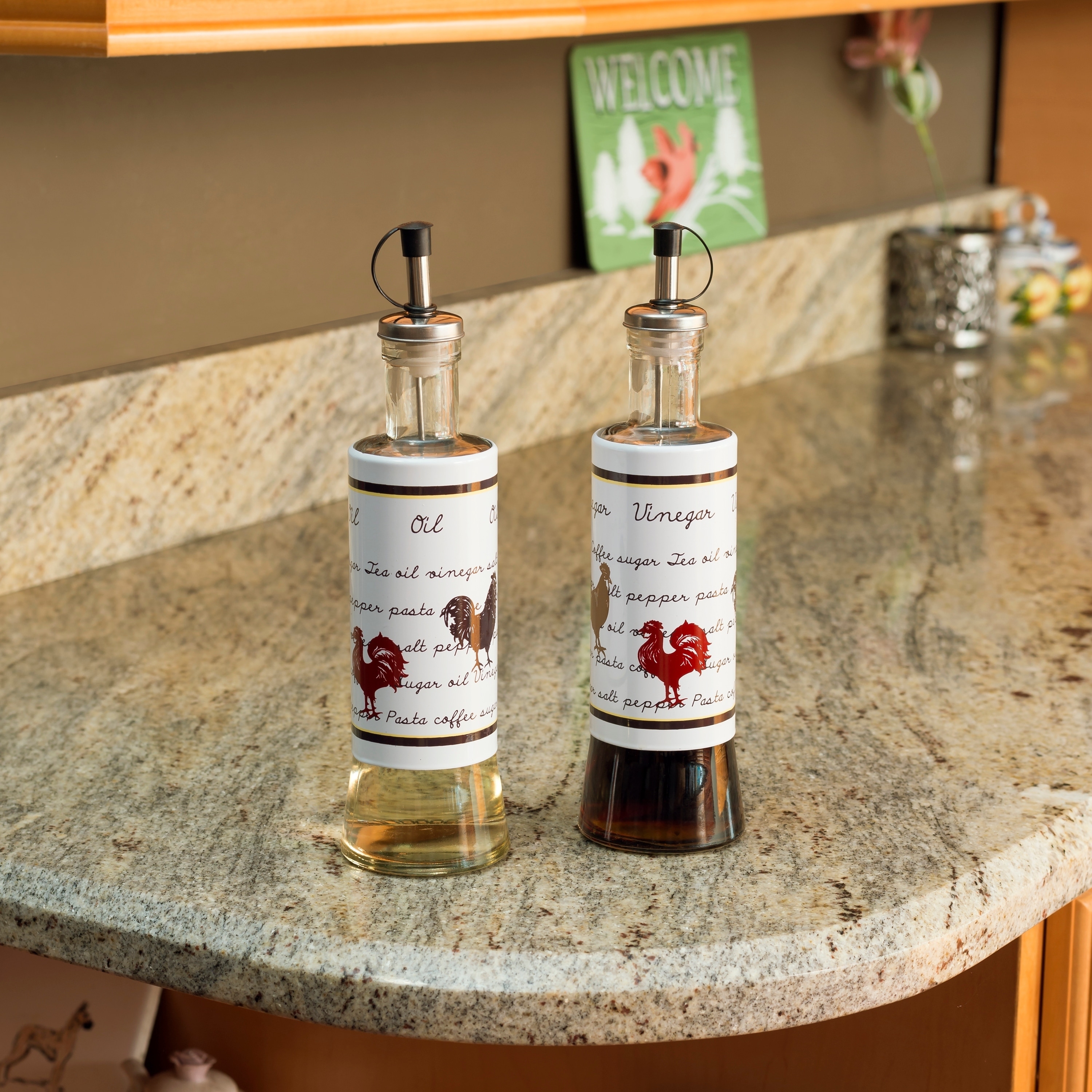 Country Rooster 2 Piece Stainless Steel Oil And Vinegar Set Stainless Steel Oil And Vinegar Set