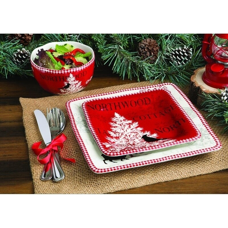 222 Fifth Northwood Cottage 16 Piece Holiday Dinnerware Set Overstock 28134092