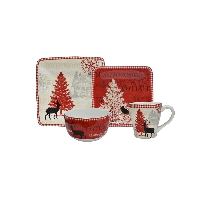 222 Fifth Northwood Cottage 16 Piece Holiday Dinnerware Set Bed