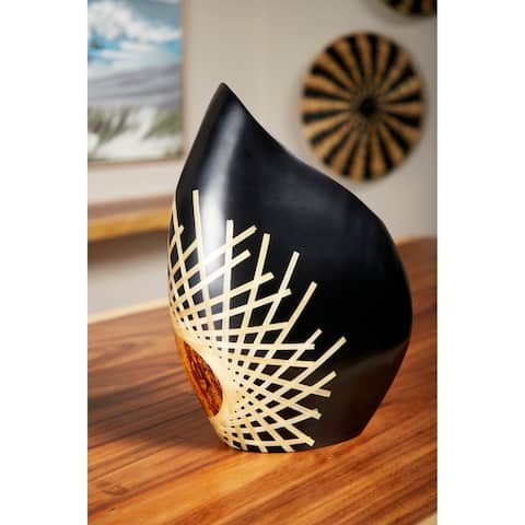 Black Glazed & Bamboo Inlay Banana Wood Vase w/ E" x posed Bark Detail Large 11.5" x 17"