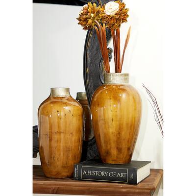 Handmade Tall Round Ceramic Floor Vase with Glossy Brown and Beige Finish 9" x 16"
