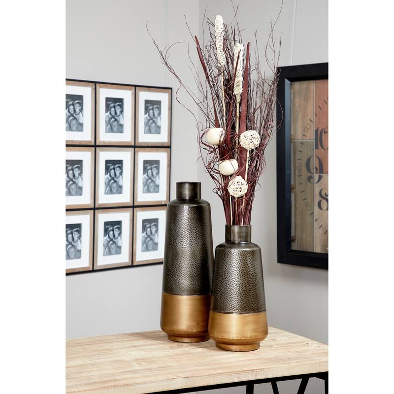 Dark Gray Metal Decorative Vase with Gold Base (Set of 2)