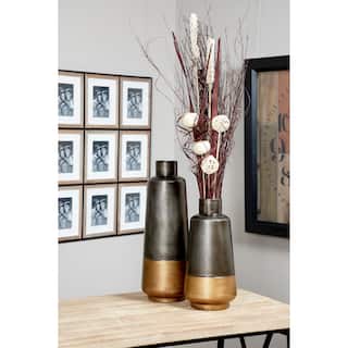 Dark Gray Metal Decorative Vase with Gold Base (Set of 2)