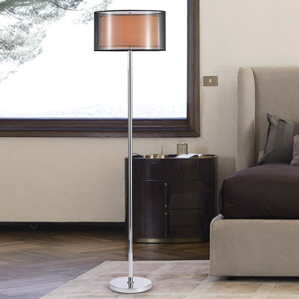 Modern Standard Floor Lamp in a Brushed Chrome Finish with a Beige Diamante Cylinder Light Shade