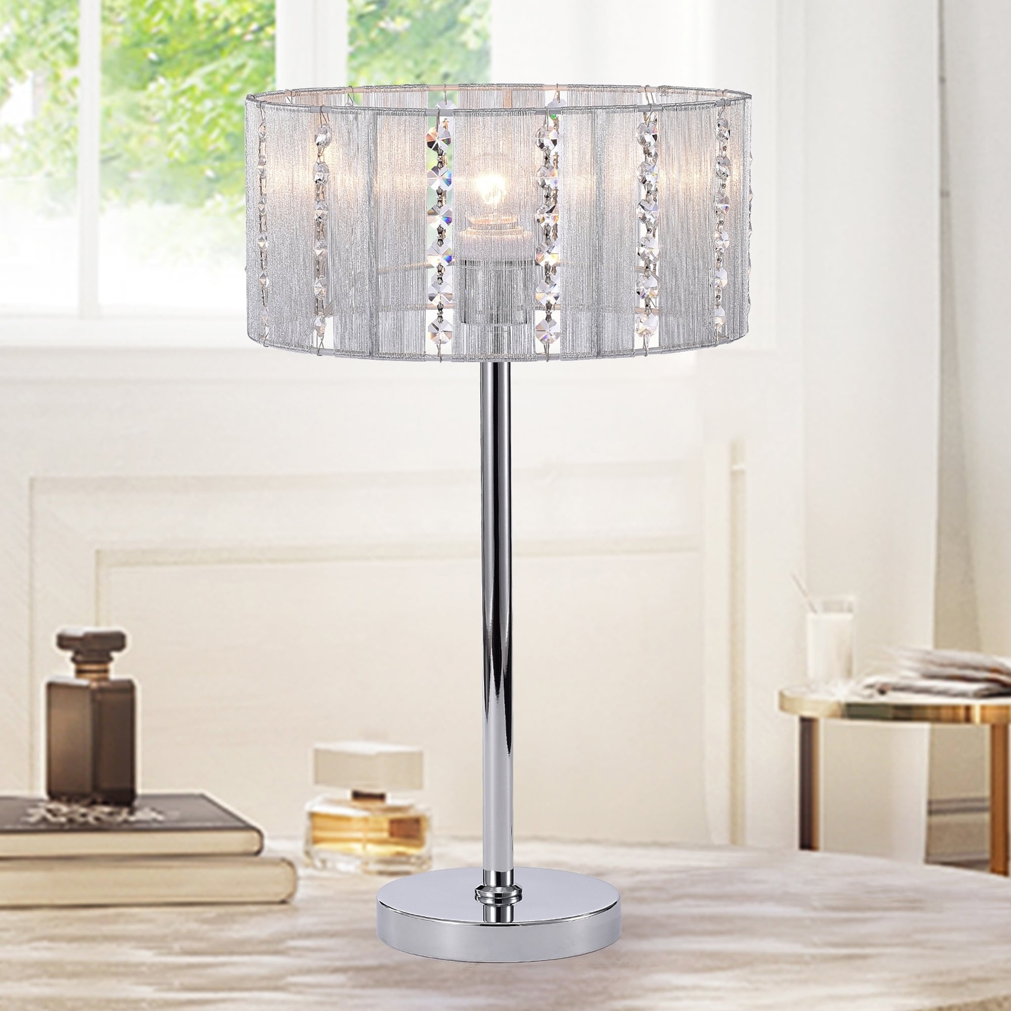 Lotti Chrome Fabric Crystal Table Lamp With A Drum Shade Lotti Chrome Fabric Crystal Table Lamp With A Drum Shade