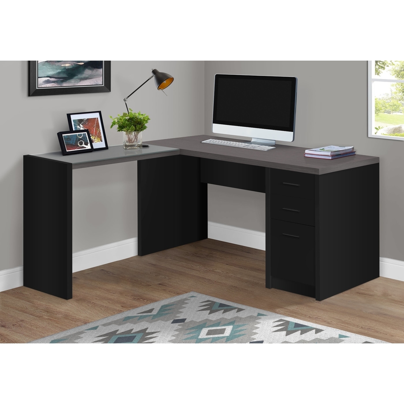 Shop Black Grey Wood Tempered Glass Corner Computer Desk