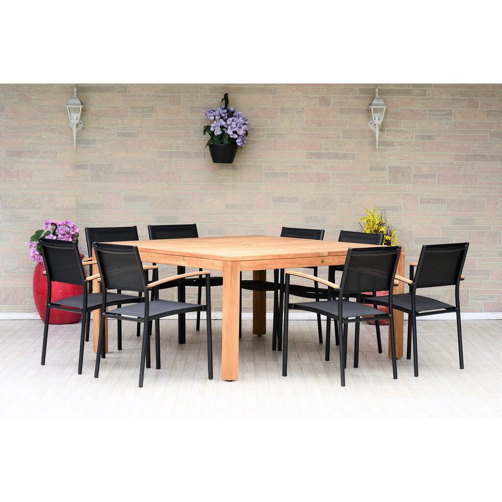 Marina Teak Square 9-Piece Patio Dining Set with Black Chairs by Amazonia