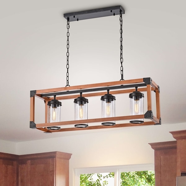 Daniela 4-light Antique Black Metal Mahogany Wood Bubble Glass Pendant