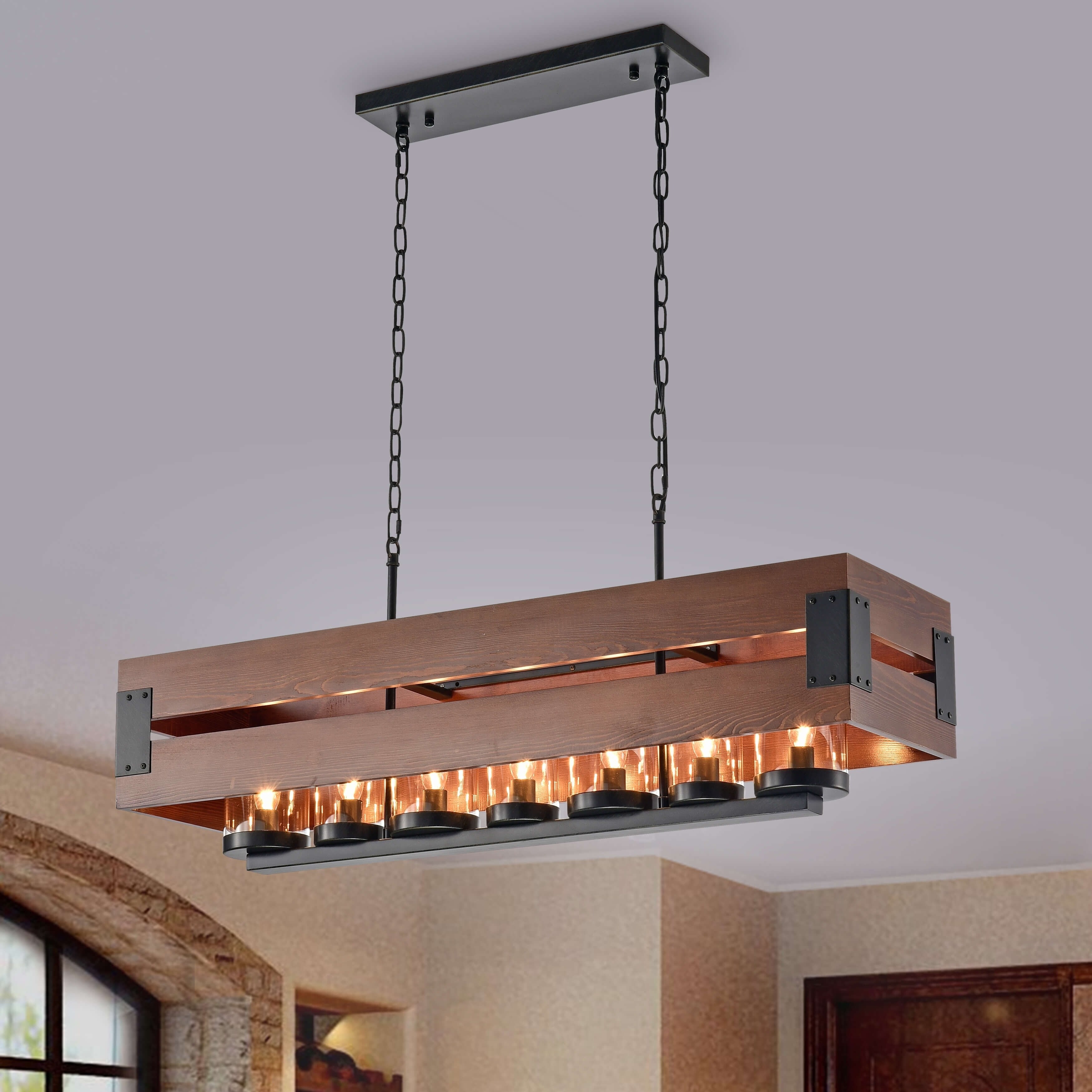 Daniela Rectangular Antique Black Metal and Wood Glass Chandelier - Chandeliers For Bedrooms by Overstock.com