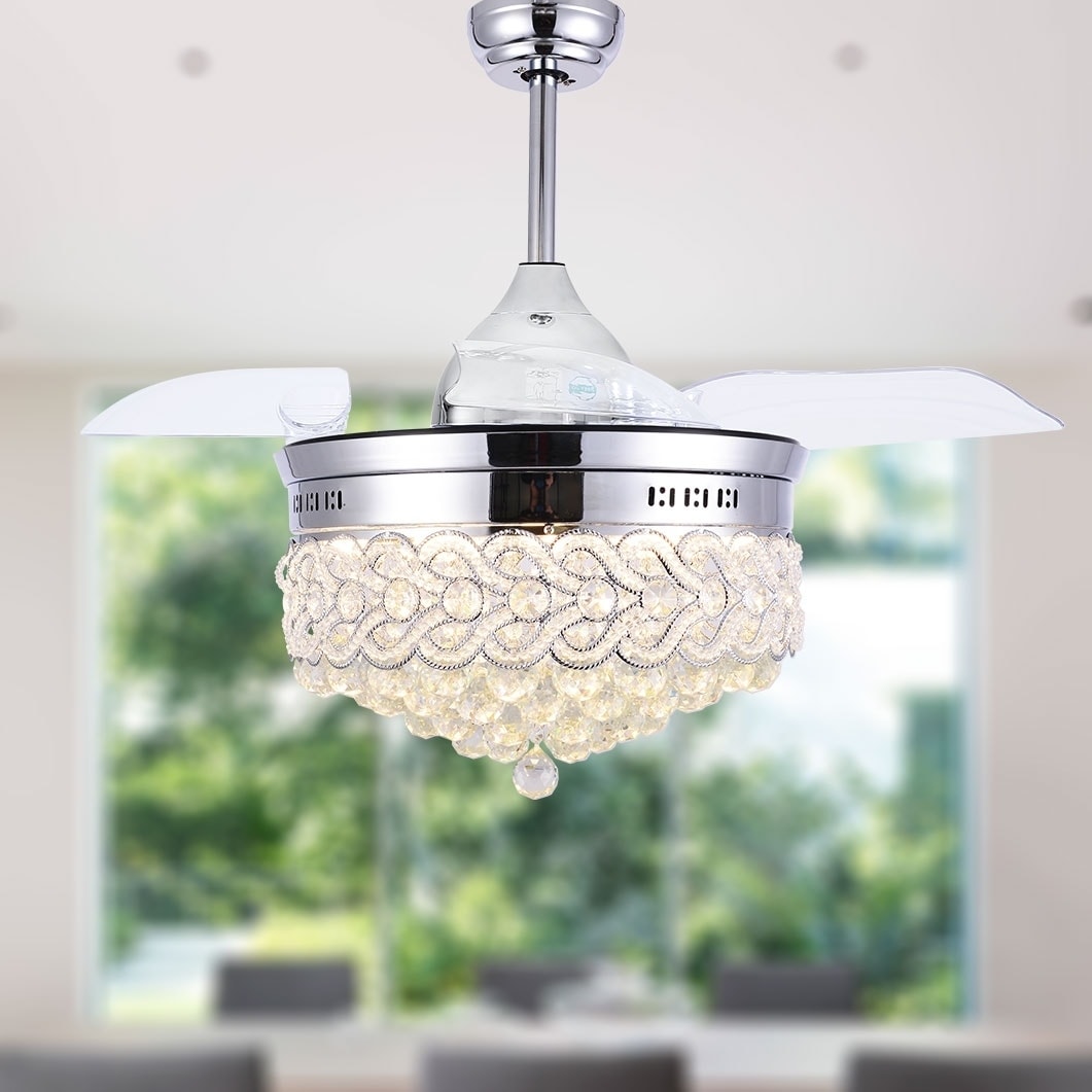 Modern Crystal Retractable Ceiling Fan With Led Light Remote 42