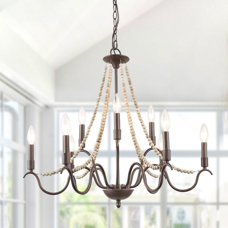 9-Light French Aged Wood Beaded Chandelier - D28" x H25.5" (D28" x H25.5") - Chandeliers For Bedrooms by Overstock.com