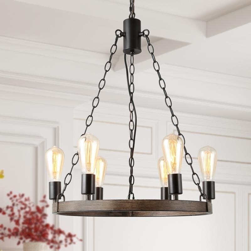 Yorsuz 6-Light Faux Wood Farmhouse Wheel Chandelier - D20.5"x H26.8" (D20.5"x H26.8") - Chandeliers For Bedrooms by Overstock.com