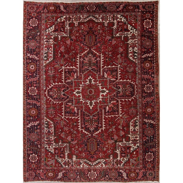 Oriental Heriz Vintage Traditional Persian Hand Knotted Wool Area Rug - 12'10" x 9'8"