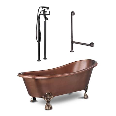Heisenberg 5.5 ft All-in-One Solid Copper Freestanding Claw Foot Bathtub Kit with Faucet and Drain in Antique Copper