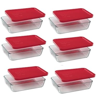 Pyrex 3-Cup Rectangle Food Storage Containers with Red Plastic Lids (Pack of 6 Containers)