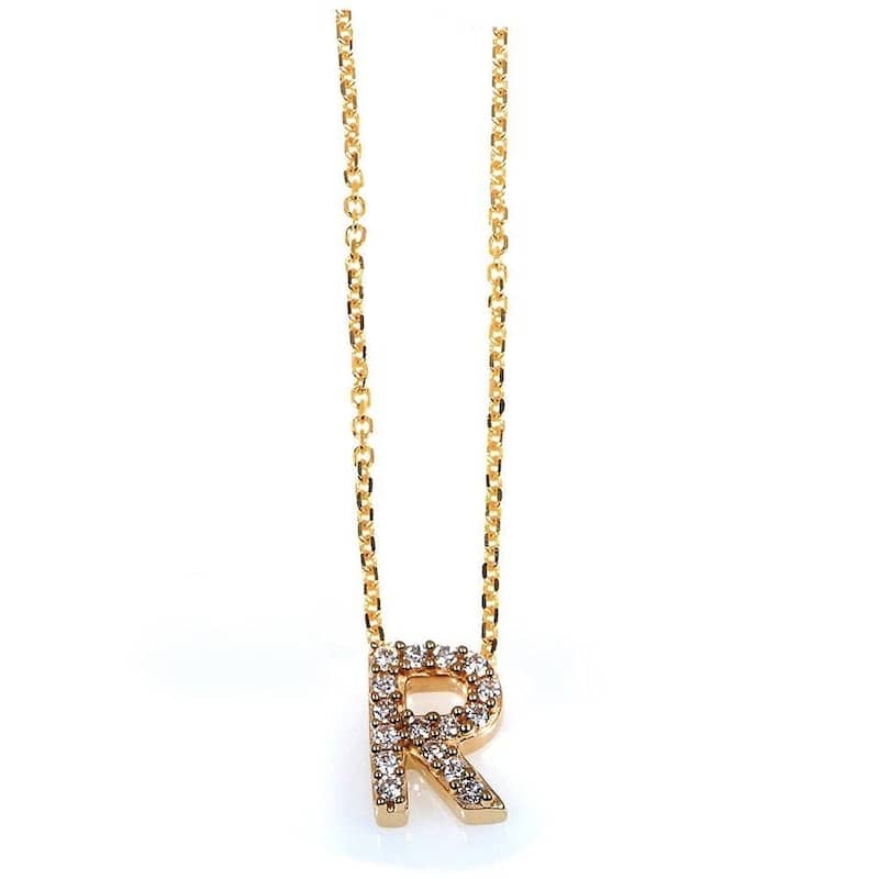 Annello by Kobelli Yellow Gold Small Dainty Personal Initial A-Z Letter Diamond 10k Pendant (14k Chain) - R