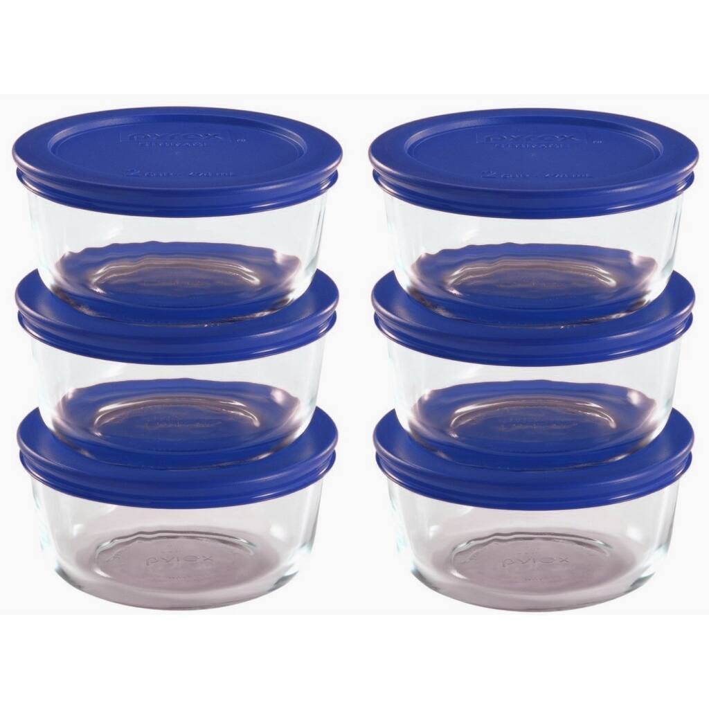 Pyrex Storage 2-Cup Round Dishes with Blue Lids (Pack of 6 Containers)