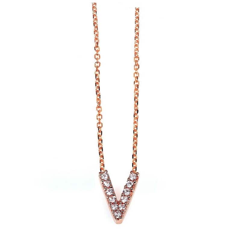 Annello by Kobelli Rose Gold Small Dainty Personal Initial A-Z Letter Diamond 10k Pendant (14k Chain) - V