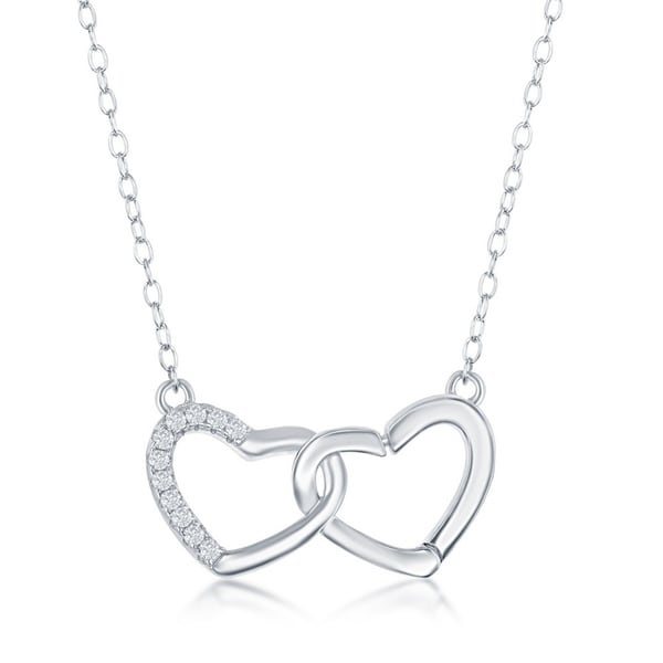 18 Rhodium Plated Sterling Silver Graduated CZ Dangling Interlocking Heart Pendant Necklace