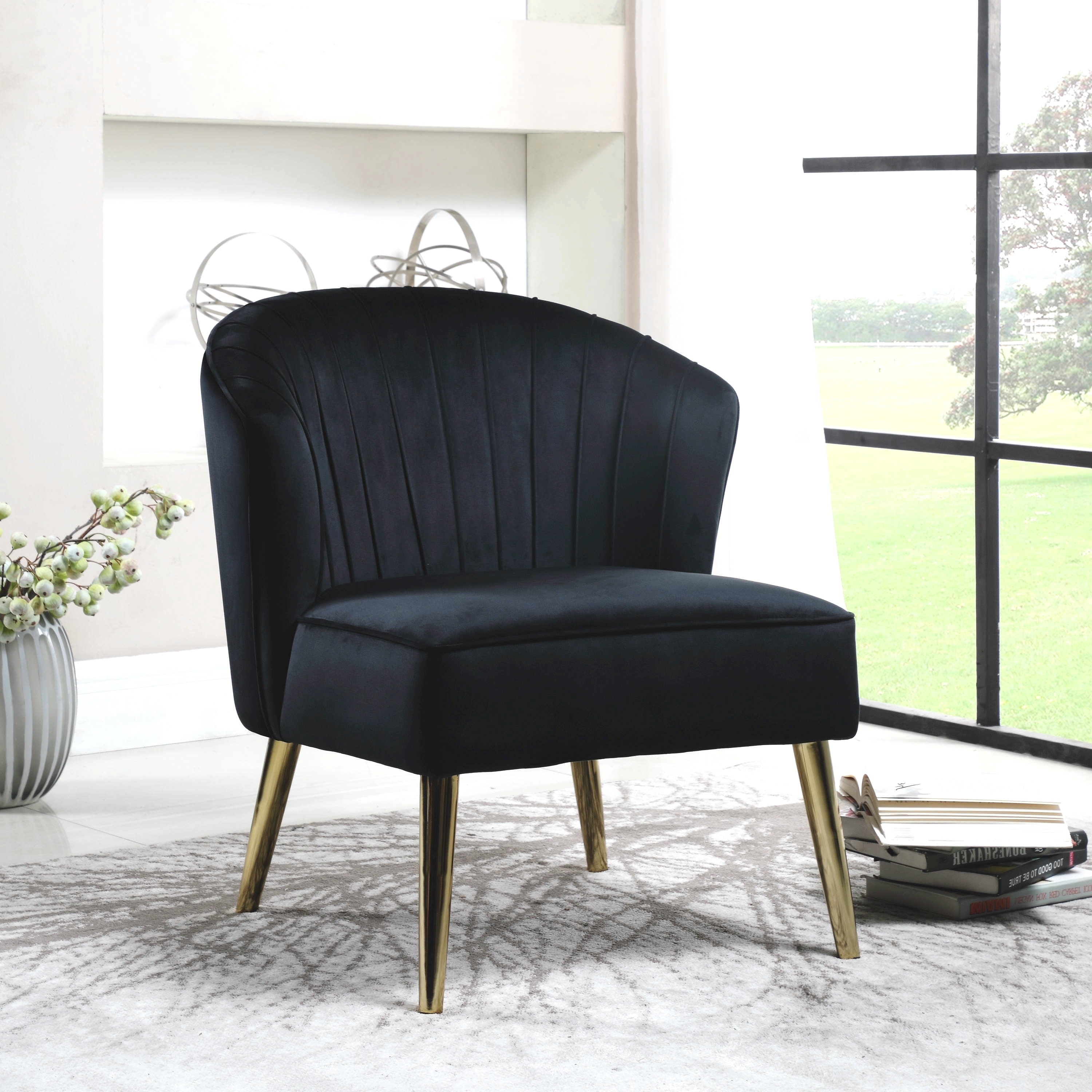 Black Velvet Brass Mid Century Modern Living Room Accent Chair