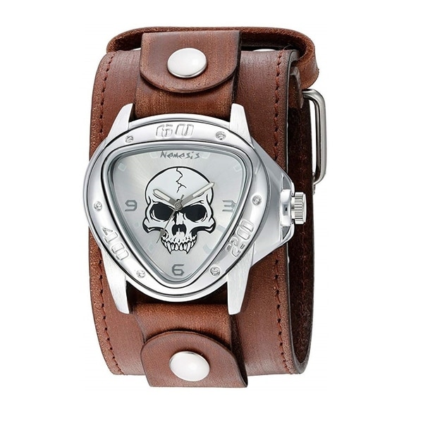 Nemesis 'Heavy Duty Skull' Triangle Case Watch with Faded Brown XL Stitched Leather Cuff Band FBLBB936S. Opens flyout.