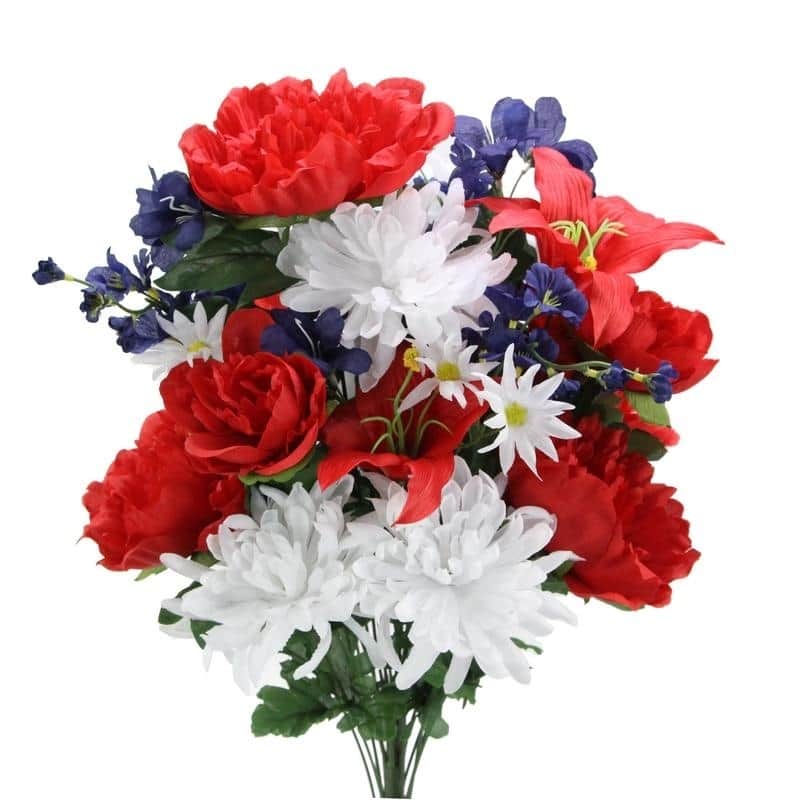 Faux 24 Stem Peony, Lily, Mum Mixed Bush, Red/White/Blue - ABN1B006-RD-WT-BL