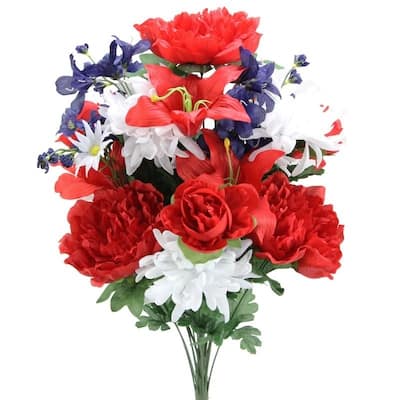 Faux 24 Stem Peony, Lily, Mum Mixed Bush, Red/White/Blue - ABN1B006-RD-WT-BL