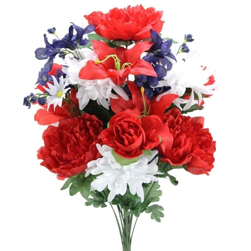 Faux 24 Stem Peony, Lily, Mum Mixed Bush, Red/White/Blue - ABN1B006-RD-WT-BL