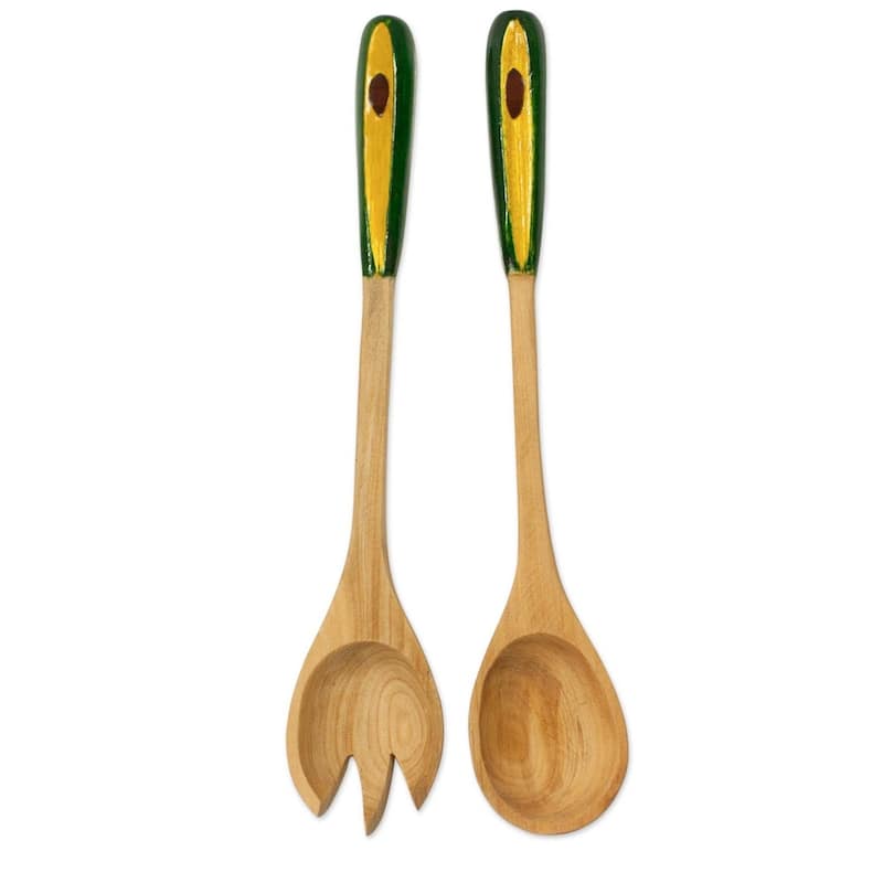 Handmade Avocado Wood salad serving set (pair) - 11.75" H x 2.2" W x 0.7" D - Service for 2 - 2 Piece