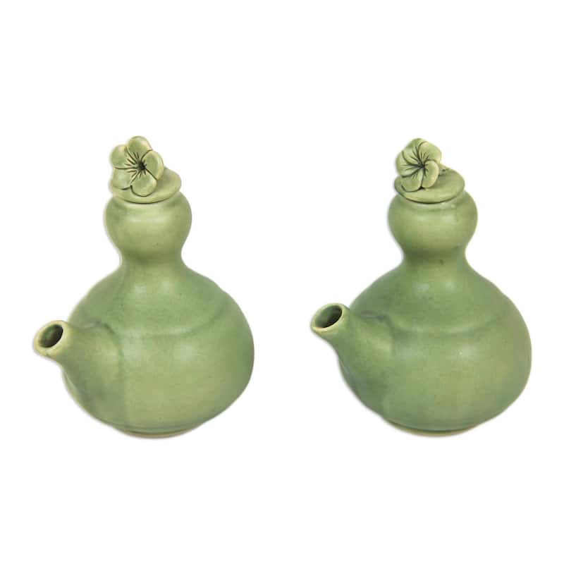 NOVICA Handmade Happy Frangipani Ceramic oil and vinegar set (pair)