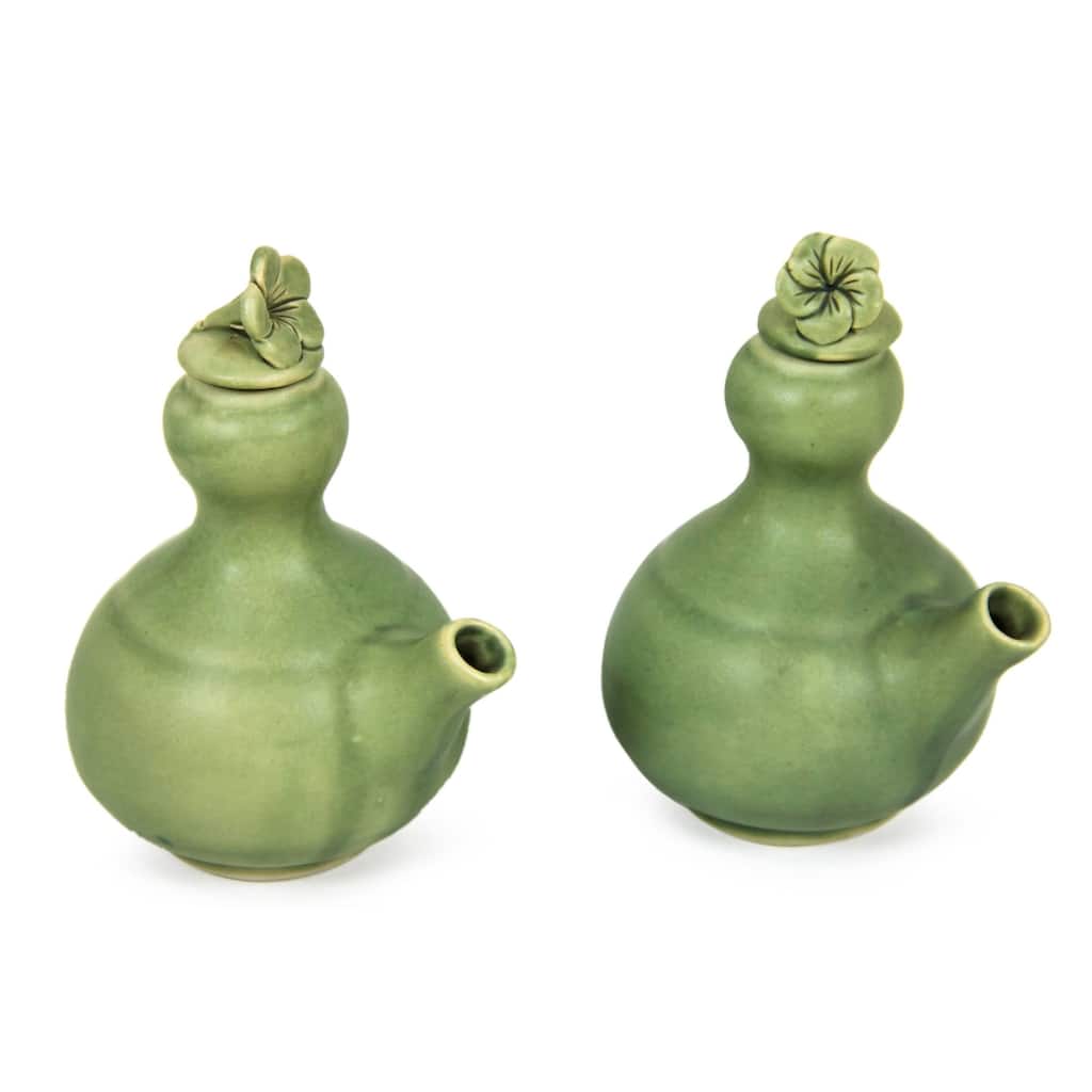 NOVICA Handmade Happy Frangipani Ceramic oil and vinegar set (pair)