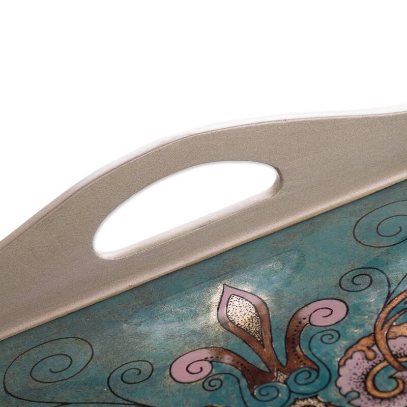 Handmade Enchanting Flowers in Teal Reverse-painted glass tray