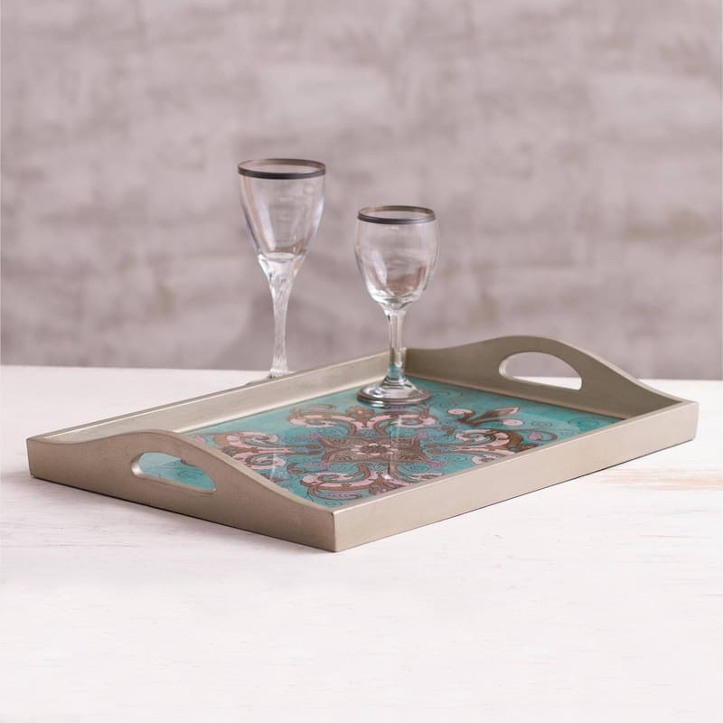 Handmade Enchanting Flowers in Teal Reverse-painted glass tray