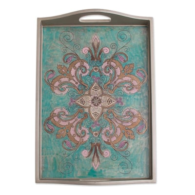 Handmade Enchanting Flowers in Teal Reverse-painted glass tray