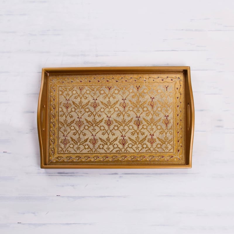 Handmade Golden Flowers Reverse Painted Tray (Peru)
