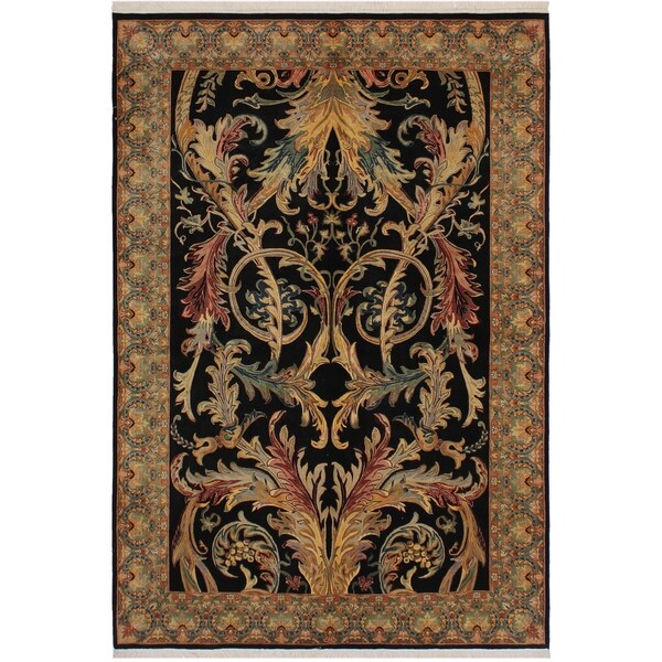 Bhati Pak-Persian Shawana Black/Lt. Green Wool Rug (6'1 x 9'3) - 6'1" x 9'3"