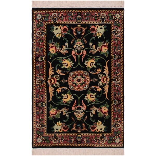 Anarkali Pak-Persian Yanira Black/Rose Wool Rug (2'1 x 3'2) - 2'1" x 3'2"