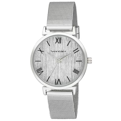 Vernier Womens Round Case Silver Tone Mesh Watch