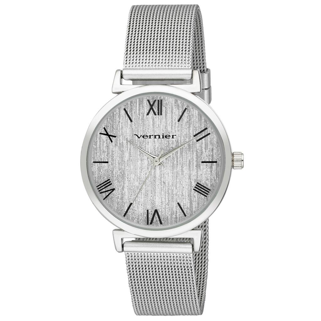 Vernier Womens Round Case Silver Tone Mesh Watch