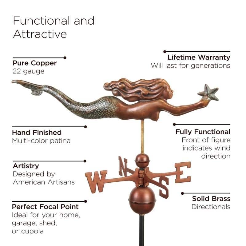 Mermaid with Starfish Weathervane - Pure Copper Hand Finished Multi-Color Patina by Good Directions