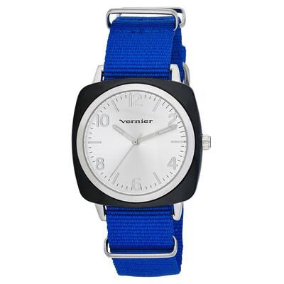 Vernier Womens Black Cushion Case Blue Strap Watch
