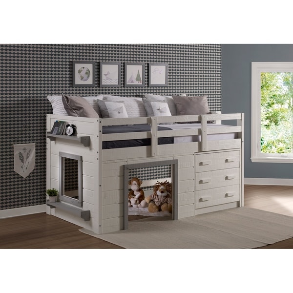 white low loft bed with storage