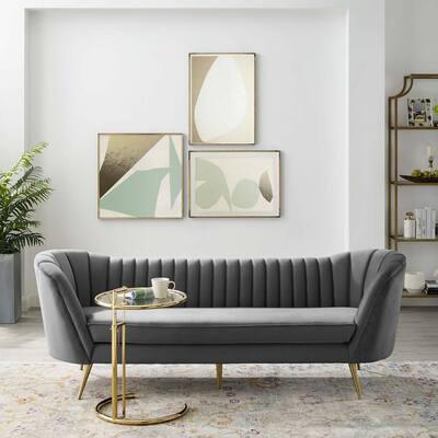 Silver Orchid Adams Vertical Channel Tufted Curved Velvet Sofa