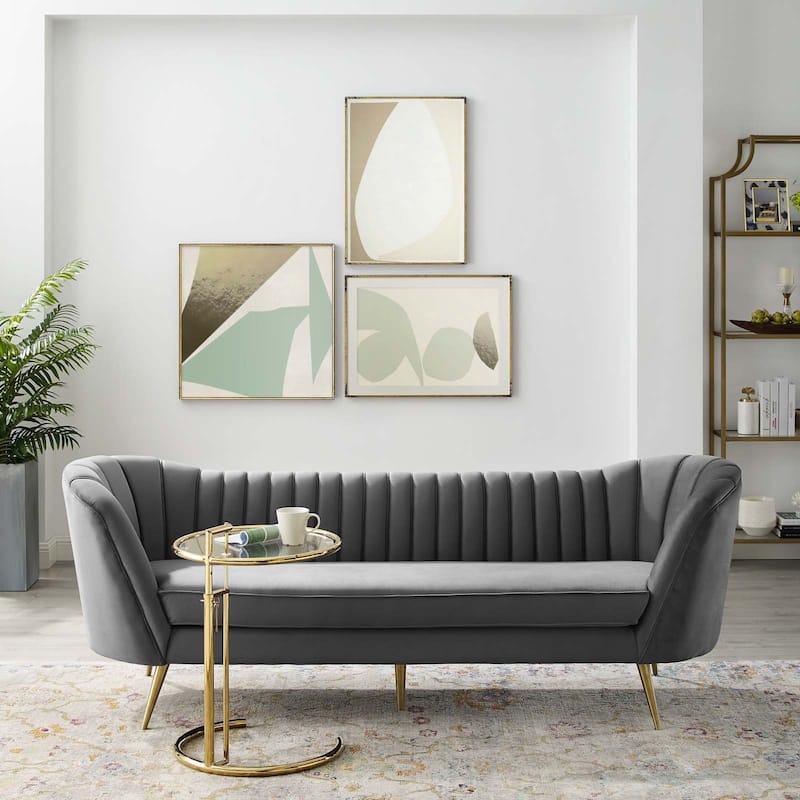 Silver Orchid Adams Vertical Channel Tufted Curved Velvet Sofa