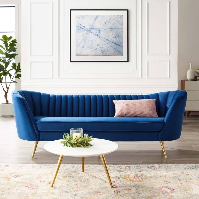Silver Orchid Adams Vertical Channel Tufted Curved Velvet Sofa