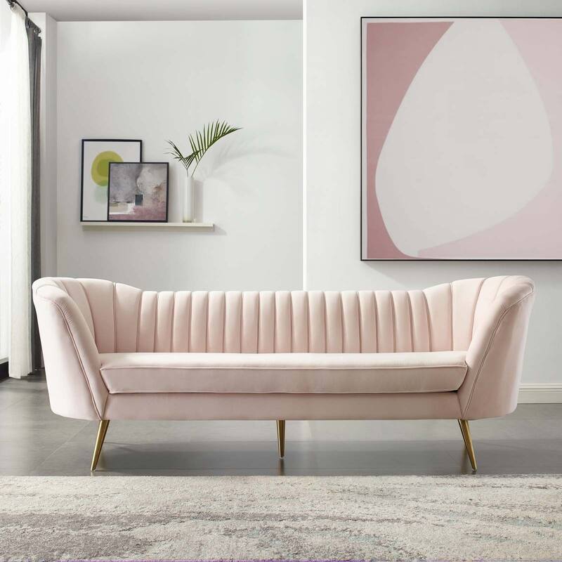Silver Orchid Adams Vertical Channel Tufted Curved Velvet Sofa