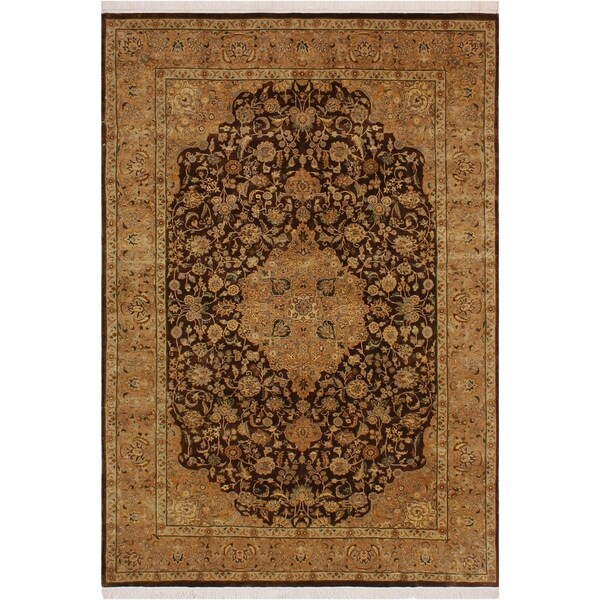 Kashan Pak-Persian Hildegar Dark Brown/Lt. Gold Wool Rug (6'2 x 9'4) - 6'2" x 9'4"